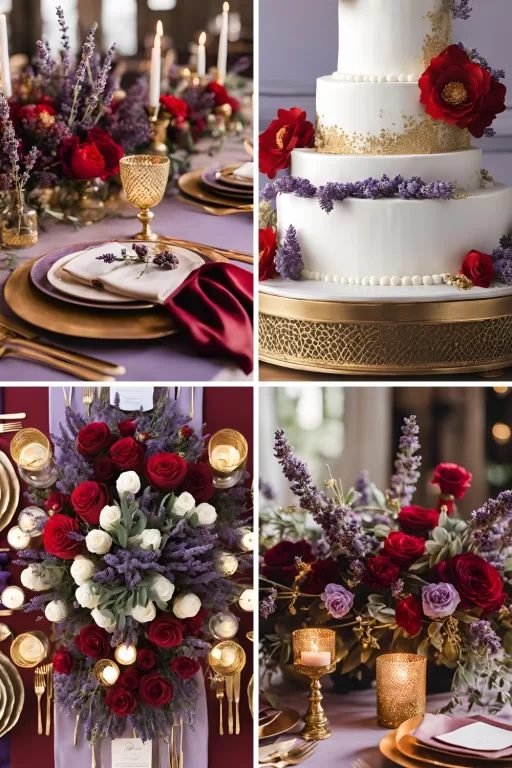 A photo collage of red, lavender, and gold wedding color ideas.