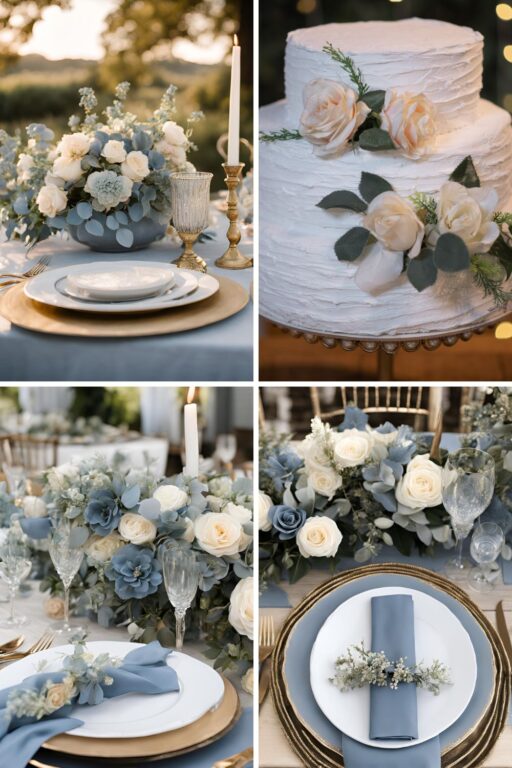 A photo collage of dusty blue, champagne, and light grey wedding ideas.