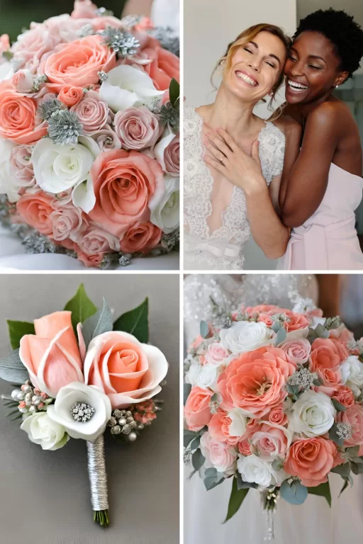 A photo collage of pink, salmon, silver, and white wedding color ideas.