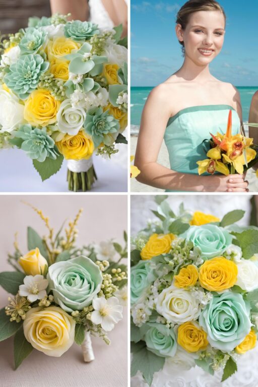 A photo collage of mint green, yellow, and white wedding ideas.