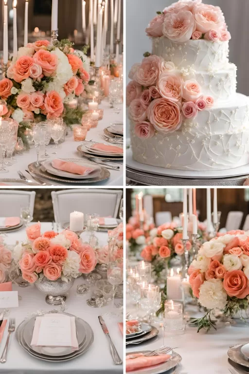 A photo collage of pink, salmon, silver, and white wedding color ideas.
