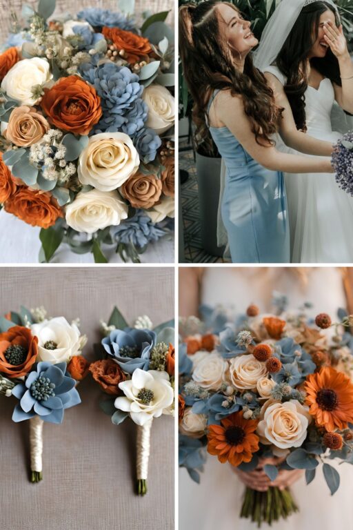 A photo collage of dusty blue, burnt orange, beige, and cream wedding color ideas.