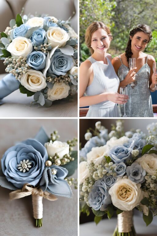 A photo collage of dusty blue, champagne, and light grey wedding ideas.