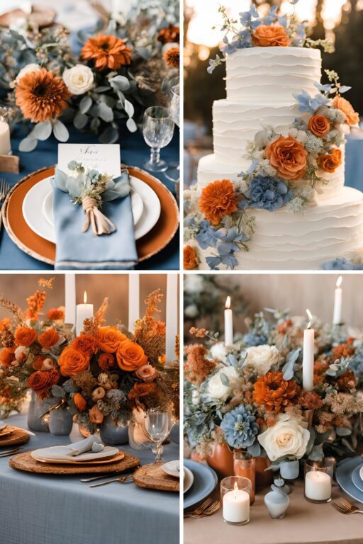 A photo collage of dusty blue, burnt orange, beige, and cream wedding color ideas.