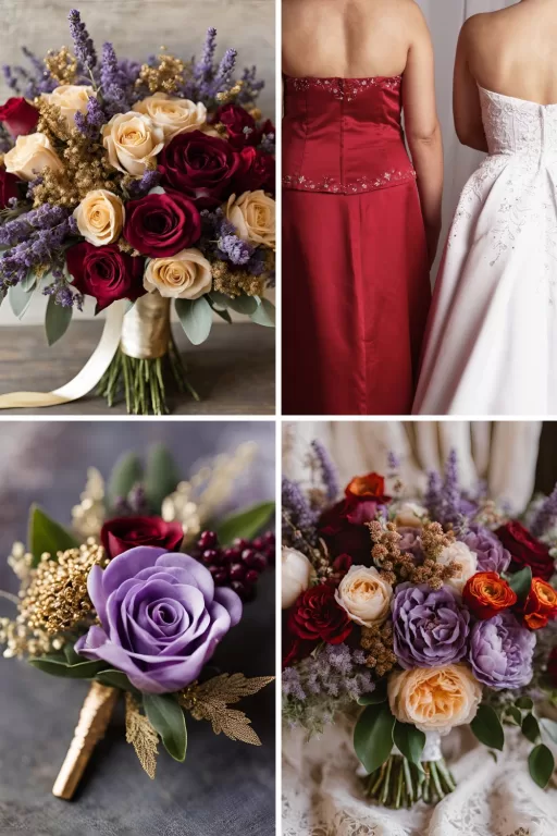 A photo collage of red, lavender, and gold wedding color ideas.