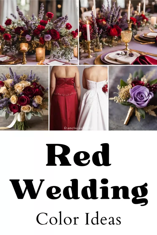 A photo collage of red and lavender wedding color ideas.