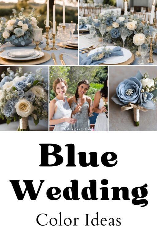 A photo collage of dusty blue wedding color ideas.