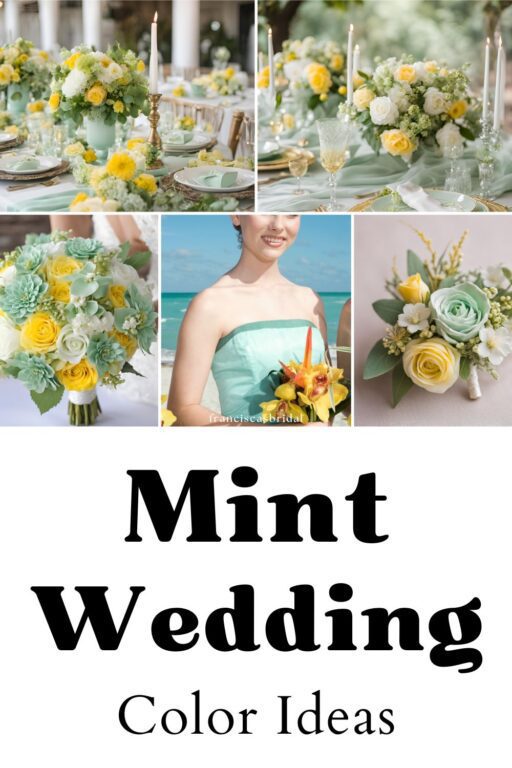 A photo collage of mint and yellow wedding color ideas.