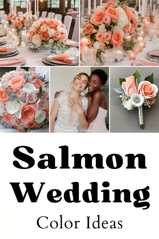 A photo collage of salmon and pink wedding color ideas.
