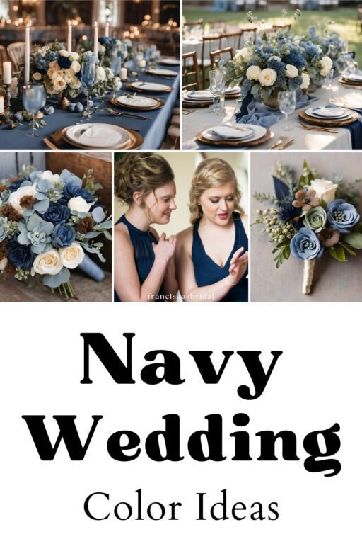 A photo collage of dusty blue and navy wedding color ideas.