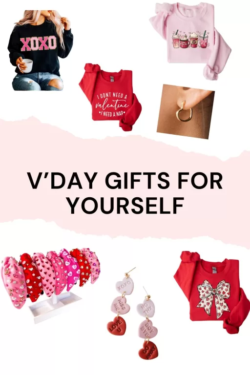Images of 7 valentine's day gifts of jewelry and sweatshirts.