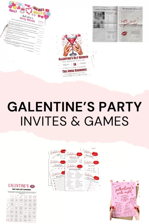 Images of 6 Galentine's party themed invitations and games.