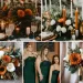 A photo collage with forest green, burnt orange, gold, and white wedding color ideas.