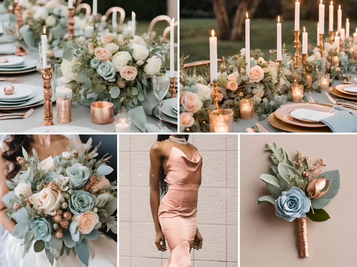 A photo collage of rose gold, light blue, sage green, and beige wedding color ideas.