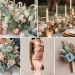 A photo collage of rose gold, light blue, sage green, and beige wedding color ideas.