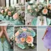 A photo collage of purple, mint green, and peach wedding color ideas.