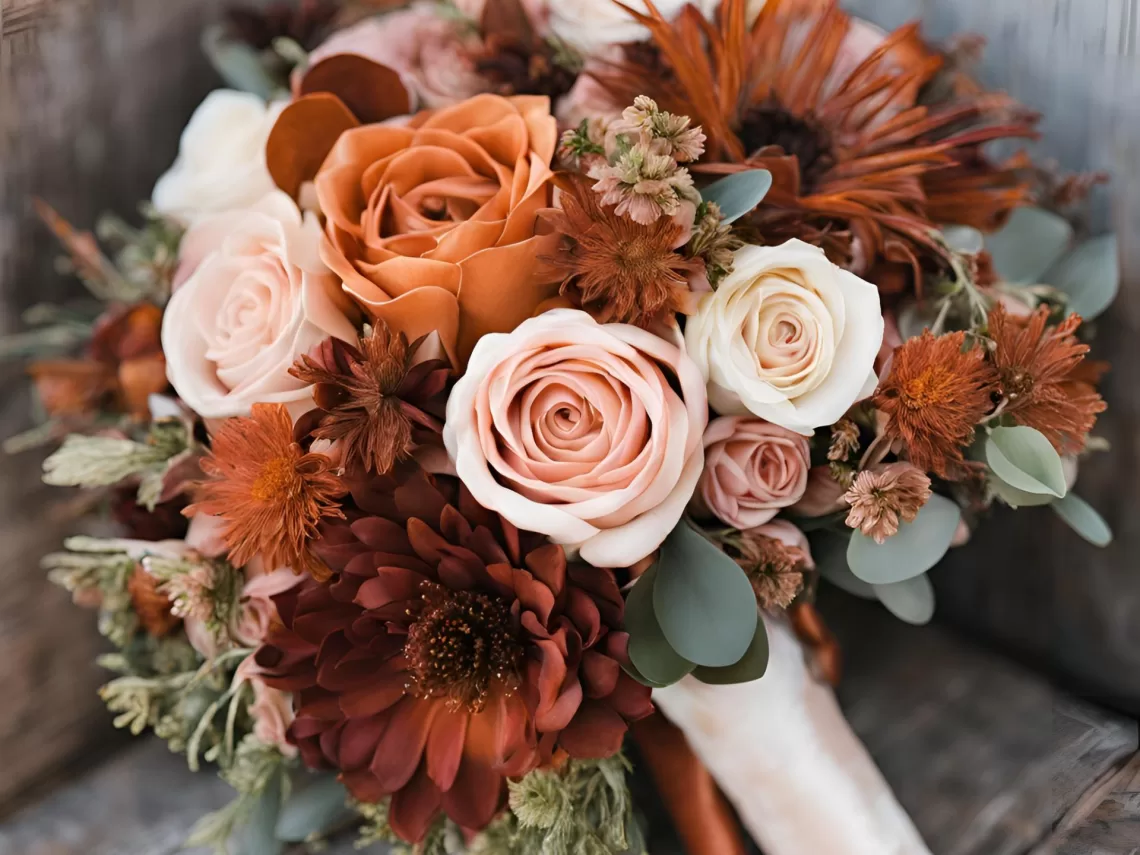 A burnt orange, rust orange, and dusty pink colored wedding bouquet.