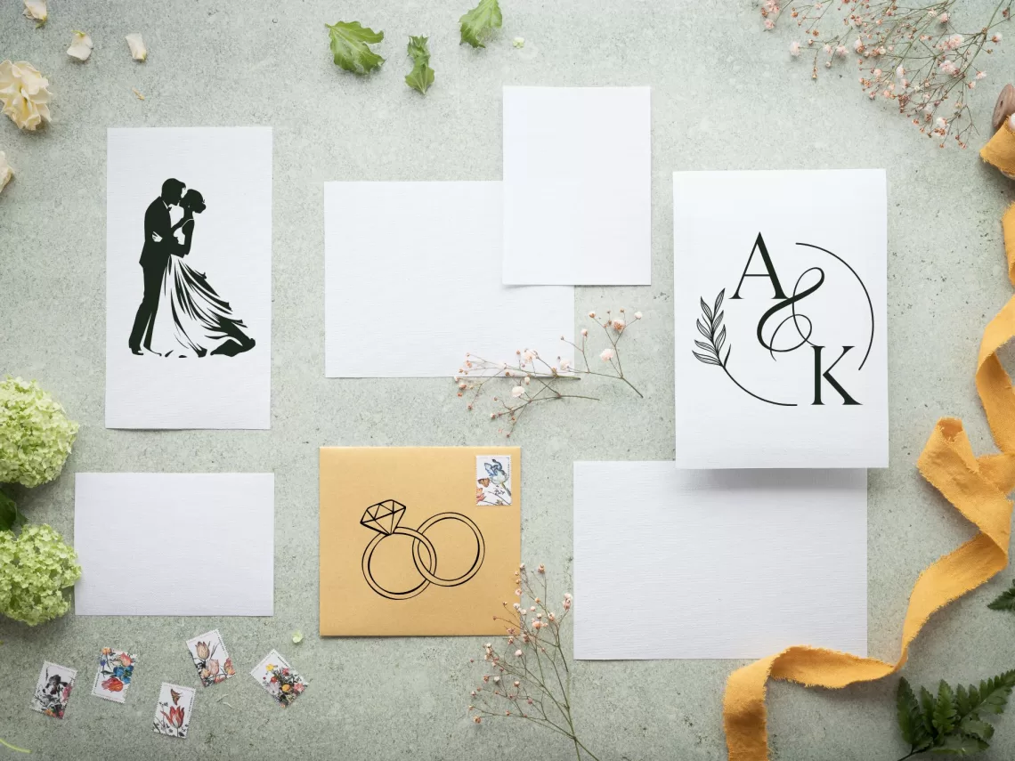 A sage green table with spring themed wedding invites on top.