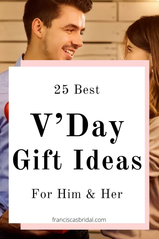 A couple exchanging gifts with the text best valentine's gifts for him and her.