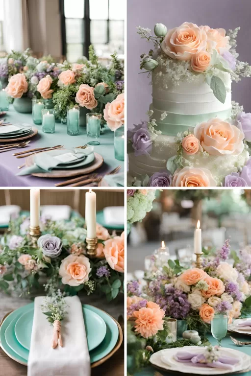 A photo collage of purple, mint green, and peach wedding color ideas.