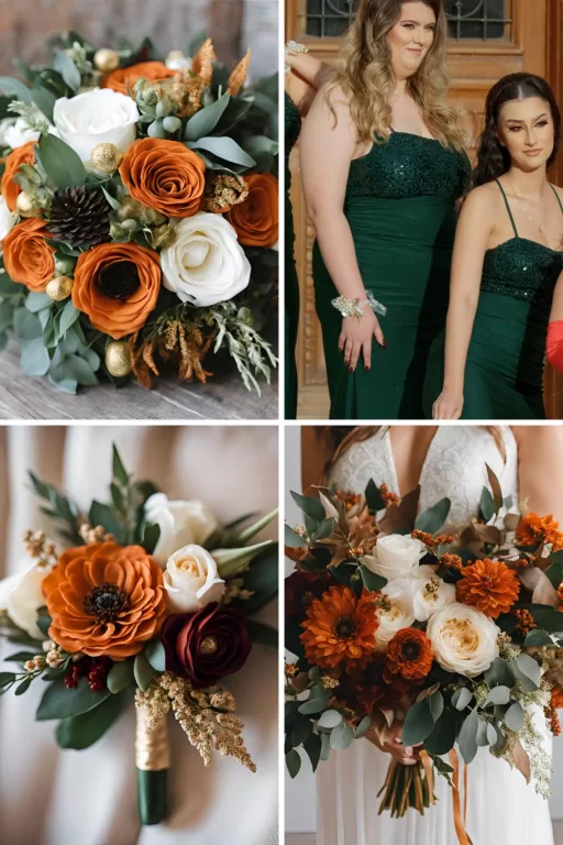 A photo collage with forest green, burnt orange, gold, and white wedding color ideas.