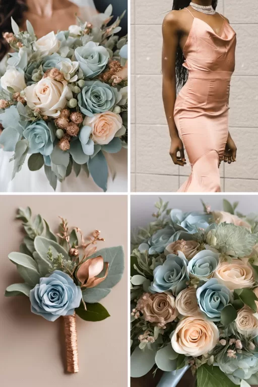 A photo collage of rose gold, light blue, sage green, and beige wedding color ideas.