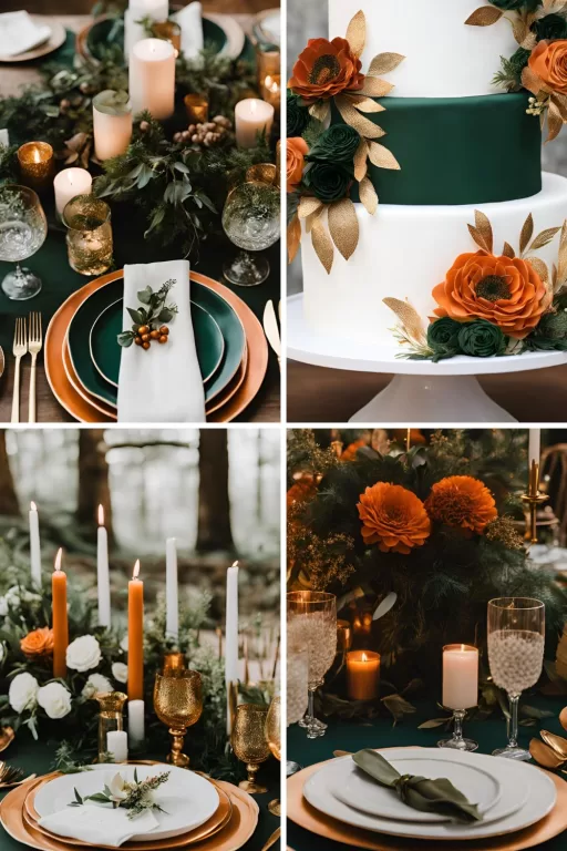 A photo collage with forest green, burnt orange, gold, and white wedding color ideas.