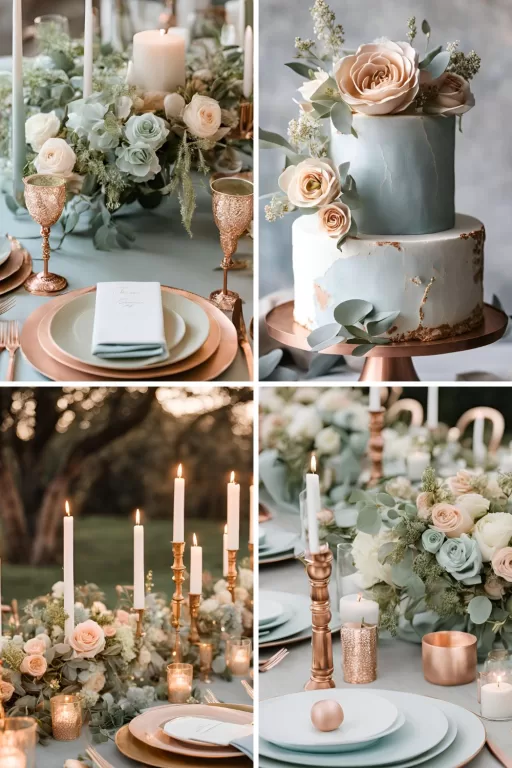 A photo collage of rose gold, light blue, sage green, and beige wedding color ideas.