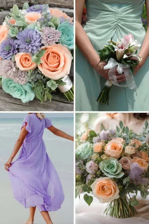 A photo collage of purple, mint green, and peach wedding color ideas.