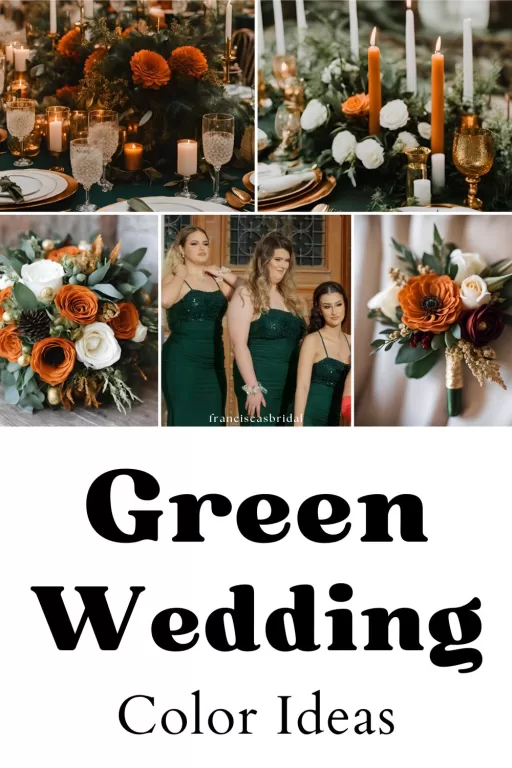 A photo collage of forest green and burnt orange wedding color ideas.