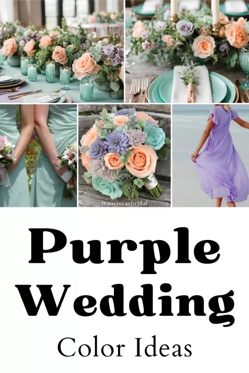 A photo collage of purple and mint green wedding color ideas.