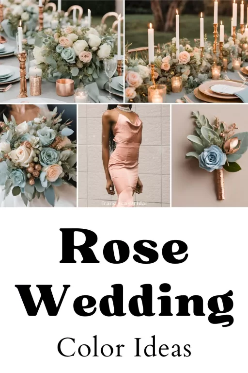 A photo collage of rose gold and light blue wedding color ideas.