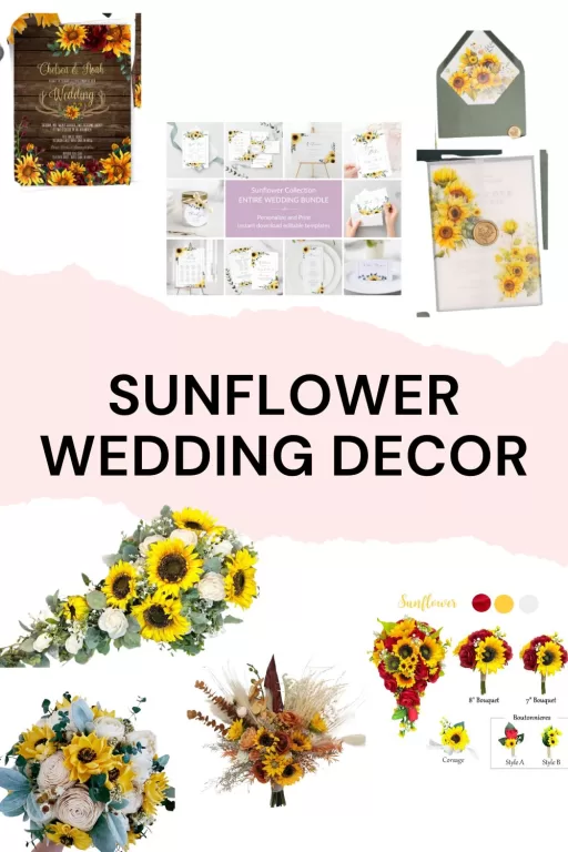 Images of 7 sunflower themed wedding decor ideas that include invitations and bouquets.