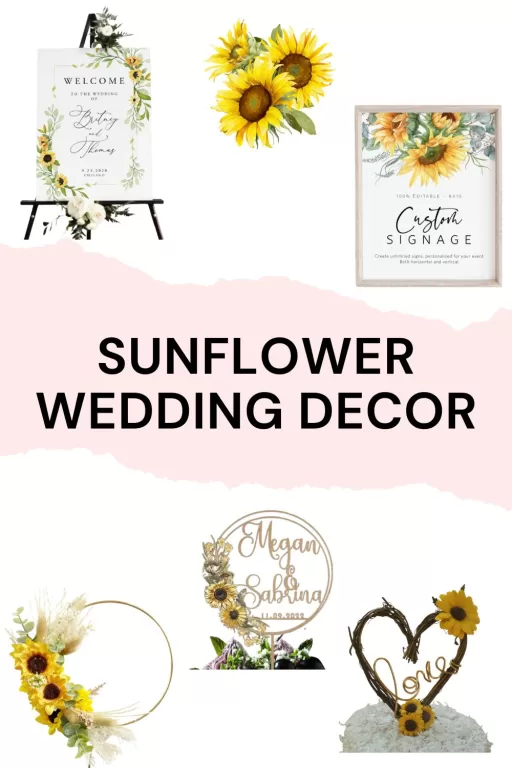 Images of 5 sunflower themed wedding decor ideas that include signs and cake toppers.