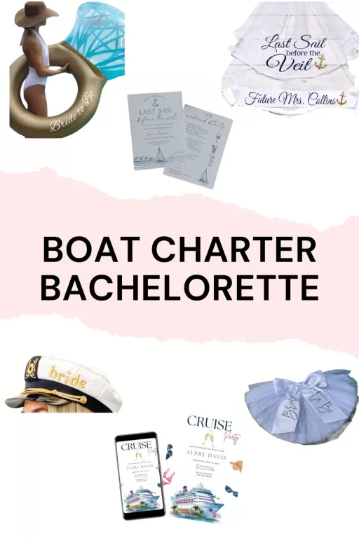 Image of 6 boat themed bachelorette party invitations and items for the bride to be.