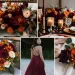 A photo collage of burnt orange, burgundy, and gold wedding color ideas.
