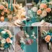 A photo collage of teal green and peach wedding color ideas.