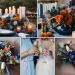 A photo collage of dark blue, light blue, burnt orange, and brown wedding color ideas.