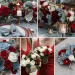 A photo collage of red, dusty blue, and grey wedding color ideas.