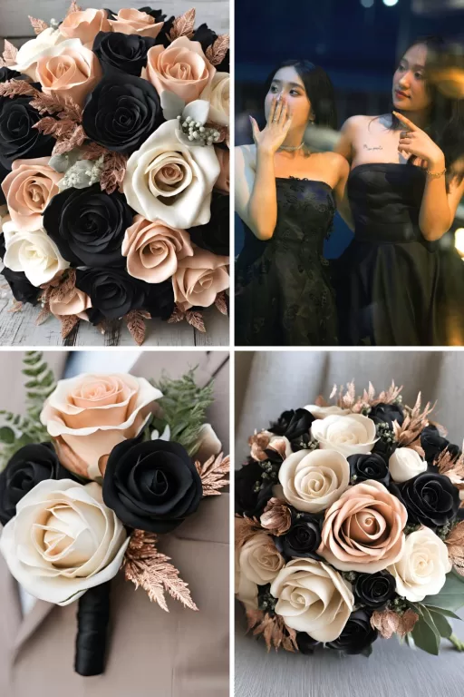 A photo collage of rose gold, black, and cream wedding color ideas.