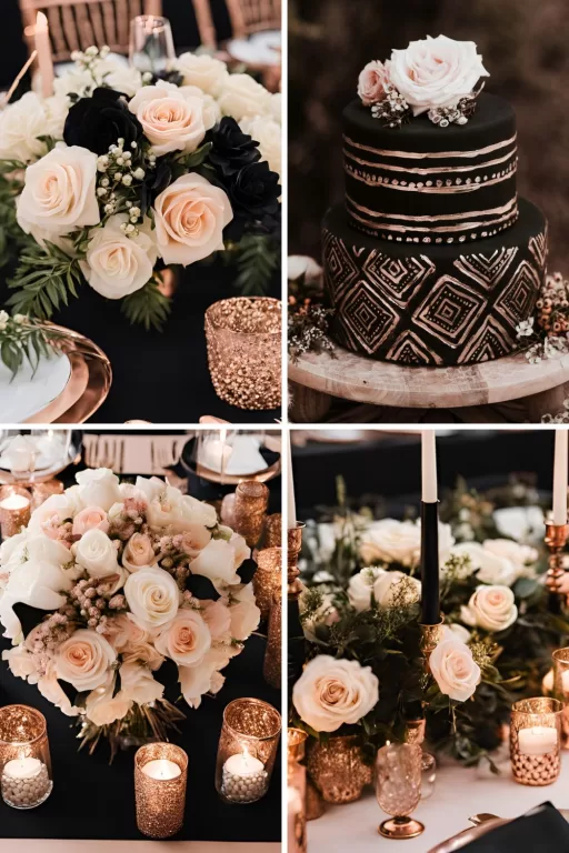 A photo collage of rose gold, black, and cream wedding color ideas.