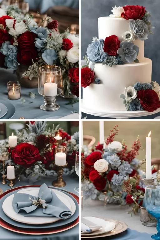 A photo collage of red, dusty blue, and grey wedding color ideas.