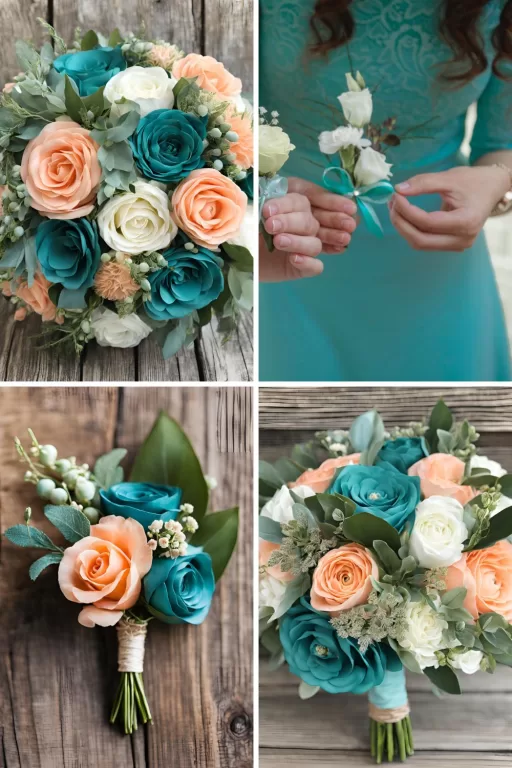 A photo collage of teal green and peach wedding color ideas.
