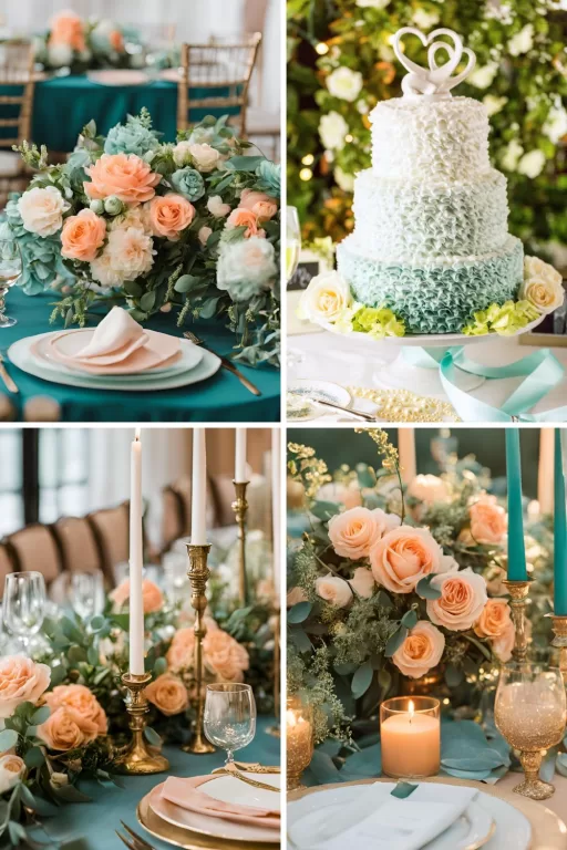 A photo collage of teal green and peach wedding color ideas.