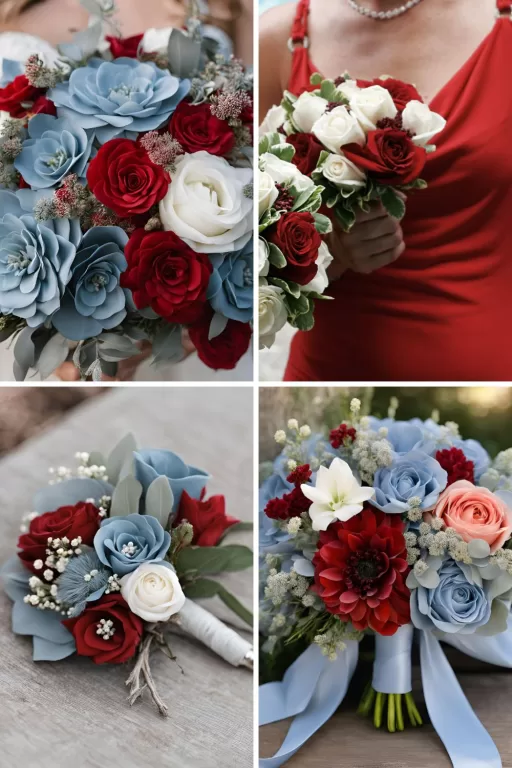 A photo collage of red, dusty blue, and grey wedding color ideas.