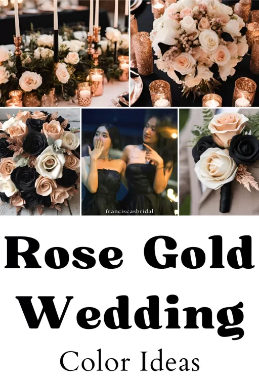 A photo collage of rose gold wedding color ideas.