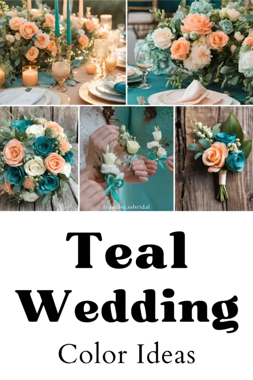 A photo collage of teal green wedding color ideas.
