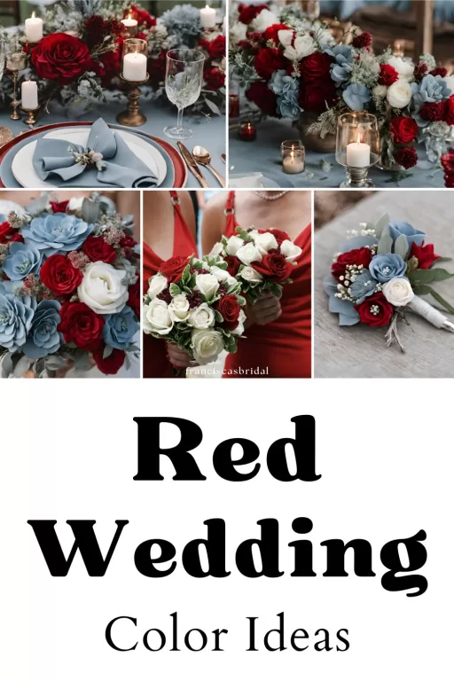 A photo collage of red and dusty blue wedding color ideas.