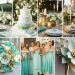 A photo collage of seafoam green wedding color ideas.