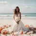 A bride sitting on the beach wearing her wedding dress.